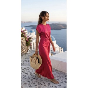 Zoya Drape Knot Satin Fuchsia Maxi Φόρεμα