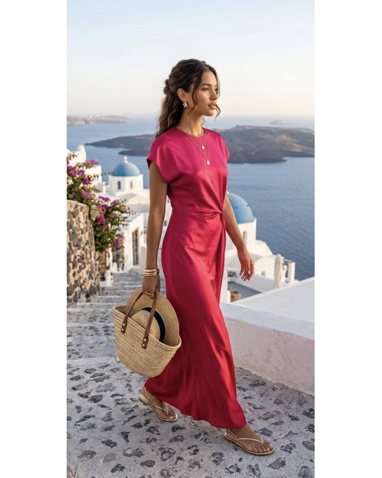 Zoya Drape Knot Satin Fuchsia Maxi Φόρεμα