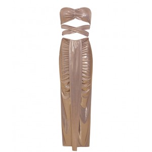 Zoya Metallic Gold Strapless Cut Out Midi Φόρεμα