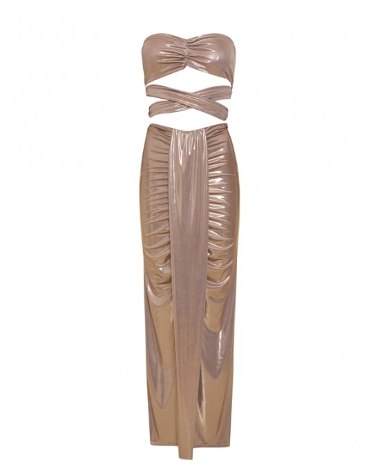 Zoya Metallic Gold Strapless Cut Out Midi Φόρεμα