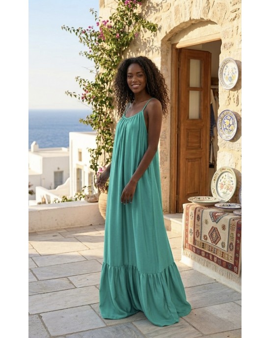Zoya Satin Open Back Ruffle Green Maxi Φόρεμα