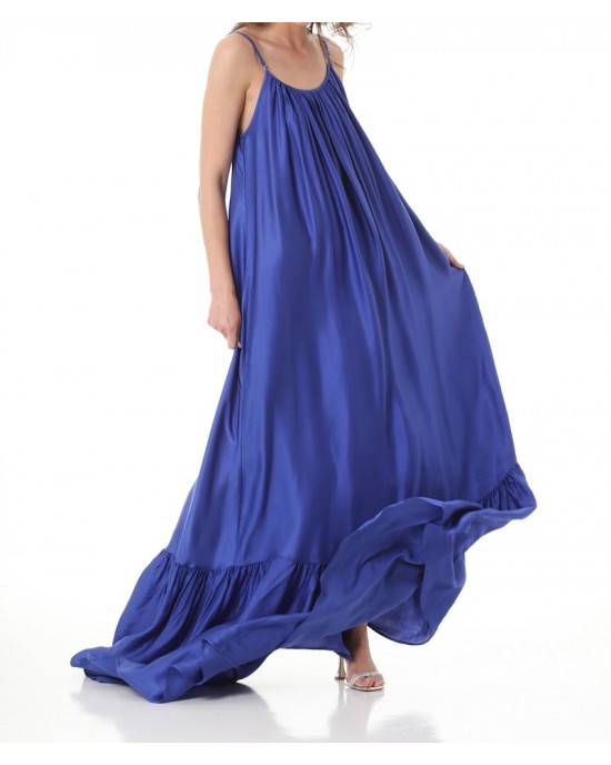 Zoya Maxi Φόρεμα Με Τιράντες & Βολάν Μπλε Ρουά
