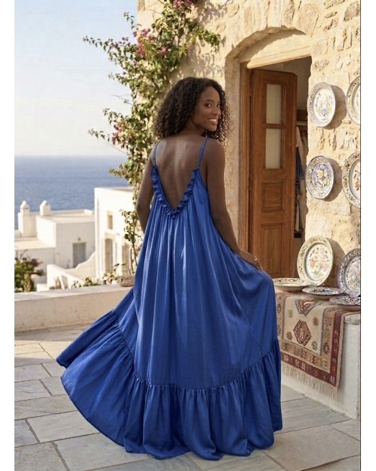 Zoya Satin Open Back Ruffle Blue Roua Maxi Φόρεμα