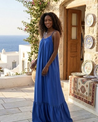 Zoya Satin Open Back Ruffle Blue Roua Maxi Φόρεμα