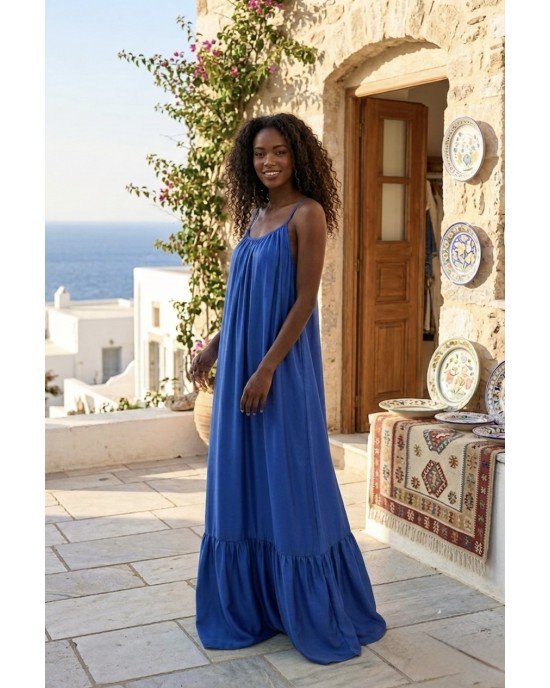 Zoya Satin Open Back Ruffle Blue Roua Maxi Φόρεμα