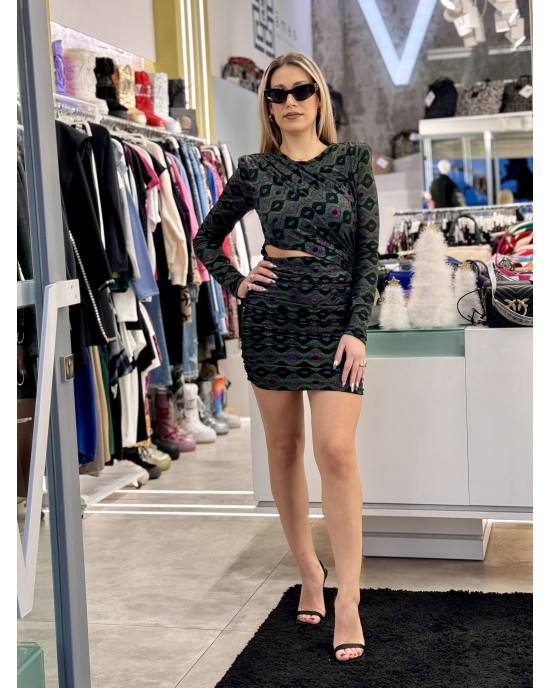 Zoya Shimmer Longsleeve Green Mini Φόρεμα