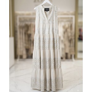 Zoya Geometric Embroidery Sleeveless Ecru/Gold Maxi Φόρεμα
