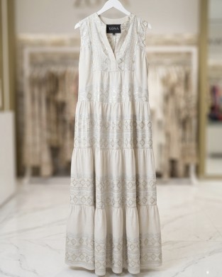 Zoya Geometric Embroidery Sleeveless Ecru/Gold Maxi Φόρεμα