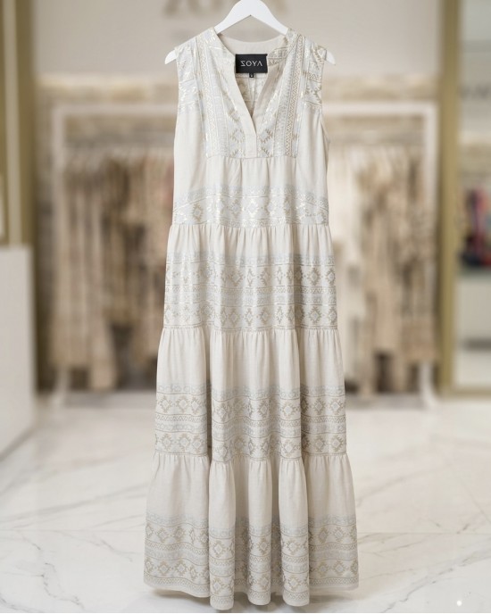 Zoya Geometric Embroidery Sleeveless Ecru/Gold Maxi Φόρεμα