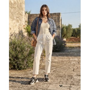 Zoya Drawstring Crop Ecru Παντελόνι