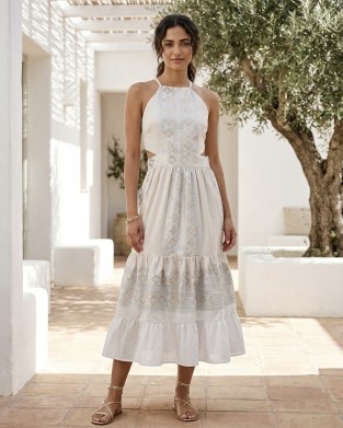Zoya Geometric Embroidery Cut-Out Ecru/Gold Midi Φόρεμα