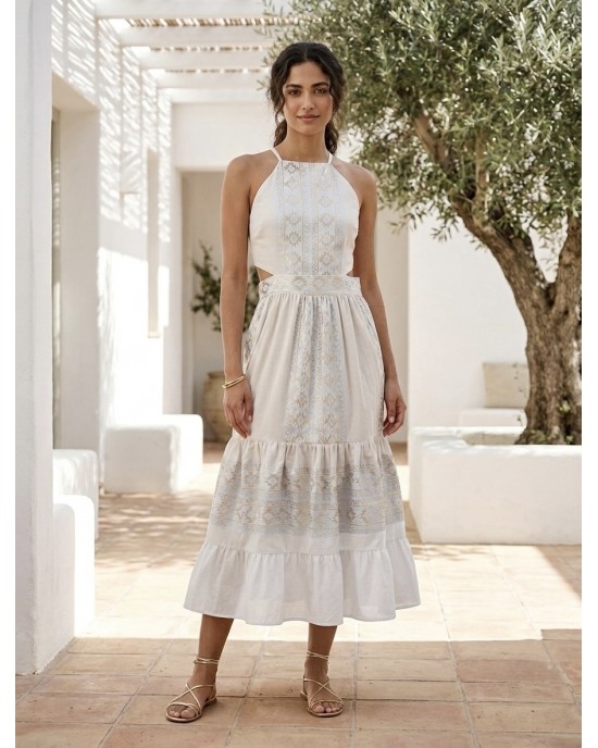 Zoya Geometric Embroidery Cut-Out Ecru/Gold Midi Φόρεμα