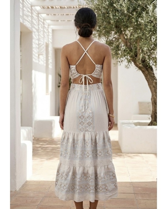 Zoya Geometric Embroidery Cut-Out Ecru/Gold Midi Φόρεμα