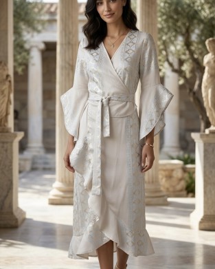 Zoya Geometric Embroidery Wrap Ecru/Gold Midi Φόρεμα