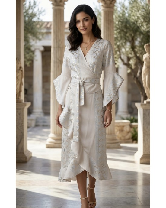 Zoya Geometric Embroidery Wrap Ecru/Gold Midi Φόρεμα