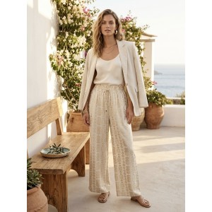 Kramma Geometric Embroidery Ecru/Gold Παντελόνι
