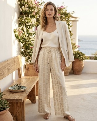 Kramma Geometric Embroidery Ecru/Gold Παντελόνι