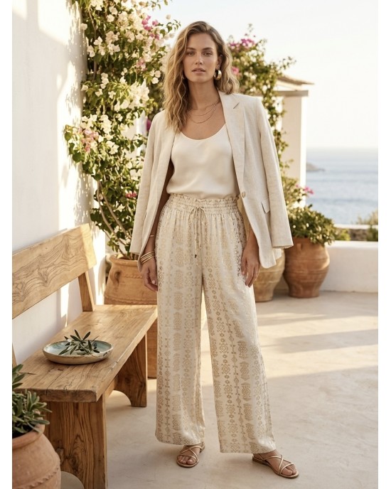 Kramma Geometric Embroidery Ecru/Gold Παντελόνι