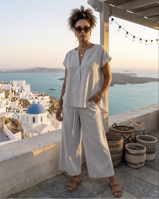 Zoya Set V-Neck Μπλούζα & Cropped Wide Leg Παντελόνι