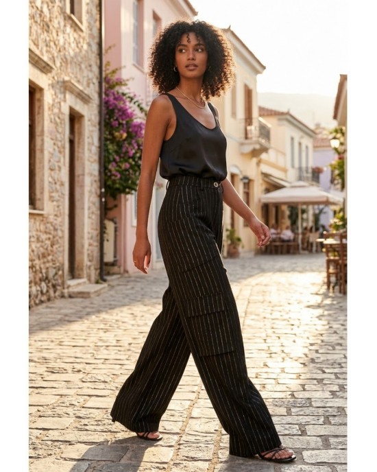 Zoya Silver Stripe High Waist Wide Leg Cargo Παντελόνι