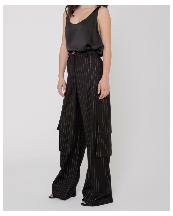 Zoya Silver Stripe High Waist Wide Leg Cargo Παντελόνι