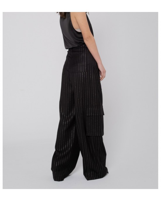Zoya Silver Stripe High Waist Wide Leg Cargo Παντελόνι