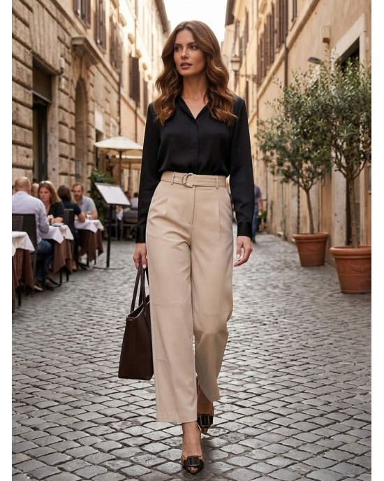 Zoya High-Waist Slouchy D-ring Buckle Vanilla Παντελόνι