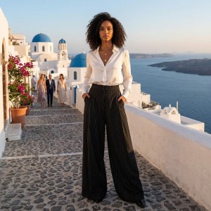 Zoya Silver Stripe High Waist Wide Leg Παντελόνι