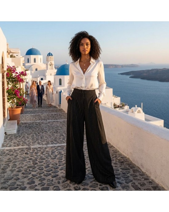 Zoya Silver Stripe High Waist Wide Leg Παντελόνι