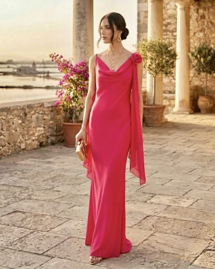 Zoya Flower Satin Fuchsia Maxi Φόρεμα