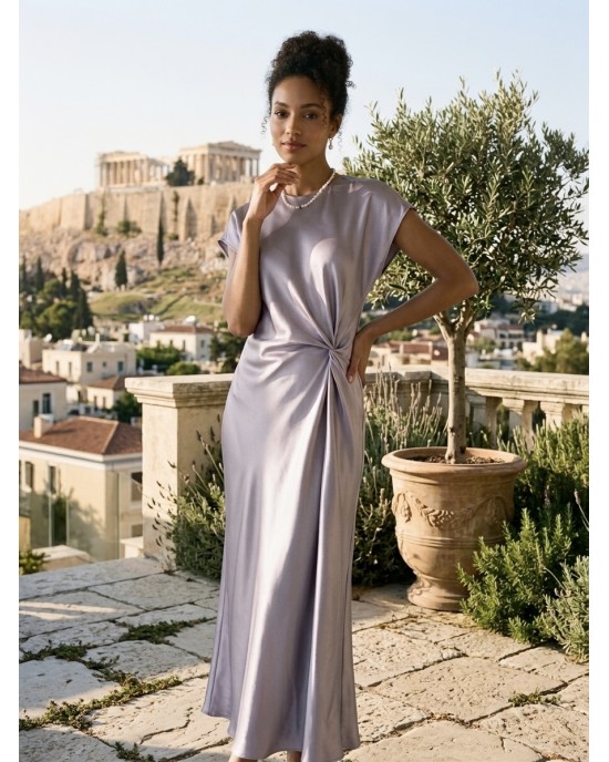 Zoya Drape Knot Satin Grey Maxi Φόρεμα
