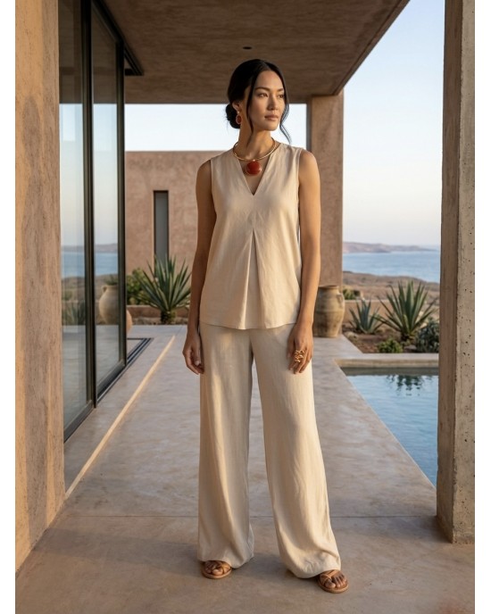 Zoya Set Vanilla V-Neck Μπλούζα & Wide-Leg Παντελόνι