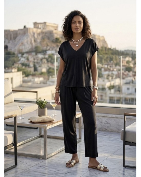 Zoya Rip Black V-Neck Μπλούζα & Παντελόνι