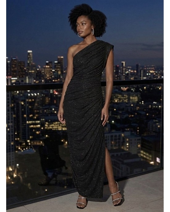 Zoya One Shoulder Ruffles Fitted Black Long Φόρεμα