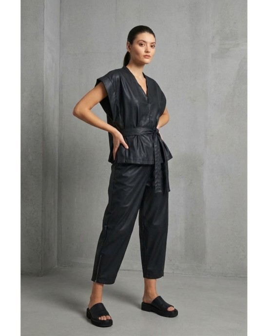 Zoya Faux Leather Belted Sleeveless Oversized Black Μπλούζα