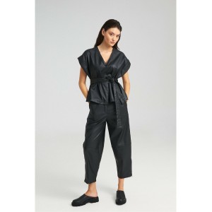 Zoya Faux Leather Belted Sleeveless Oversized Black Μπλούζα