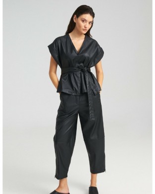 Zoya Faux Leather Belted Sleeveless Oversized Black Μπλούζα