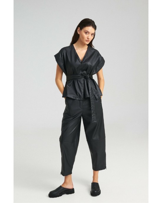 Zoya Faux Leather Belted Sleeveless Oversized Black Μπλούζα