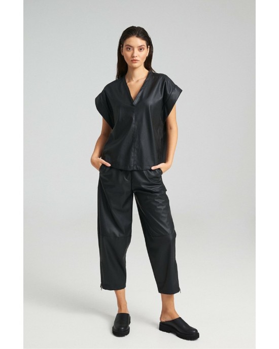Zoya Faux Leather Belted Sleeveless Oversized Black Μπλούζα