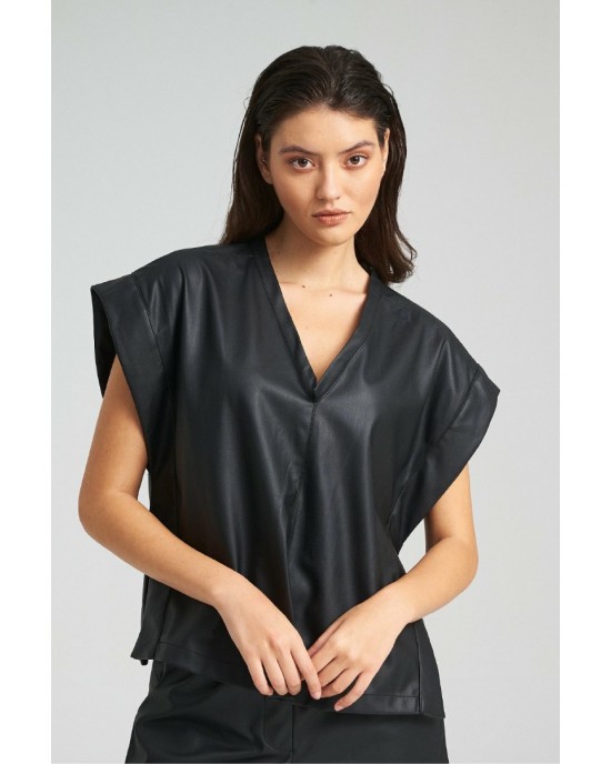 Zoya Faux Leather Belted Sleeveless Oversized Black Μπλούζα