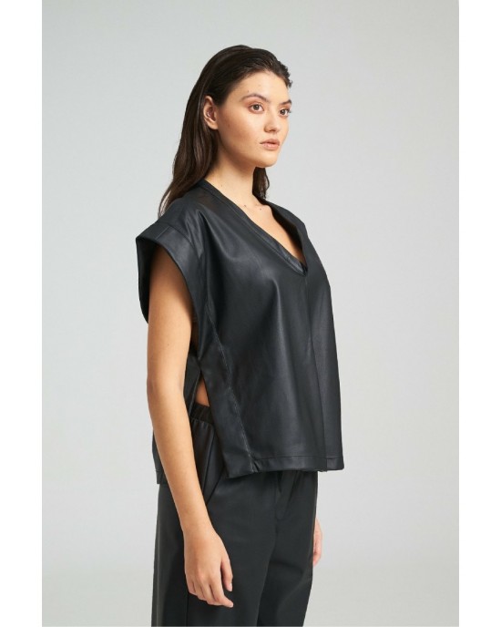 Zoya Faux Leather Belted Sleeveless Oversized Black Μπλούζα