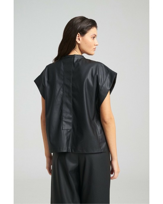 Zoya Faux Leather Belted Sleeveless Oversized Black Μπλούζα