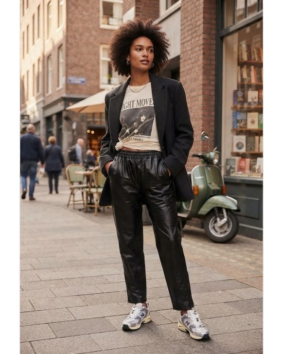 Zoya Faux Leather Elastic High Waist Slouchy Fit Black Παντελόνι