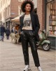 Zoya Faux Leather Elastic High Waist Slouchy Fit Black Παντελόνι