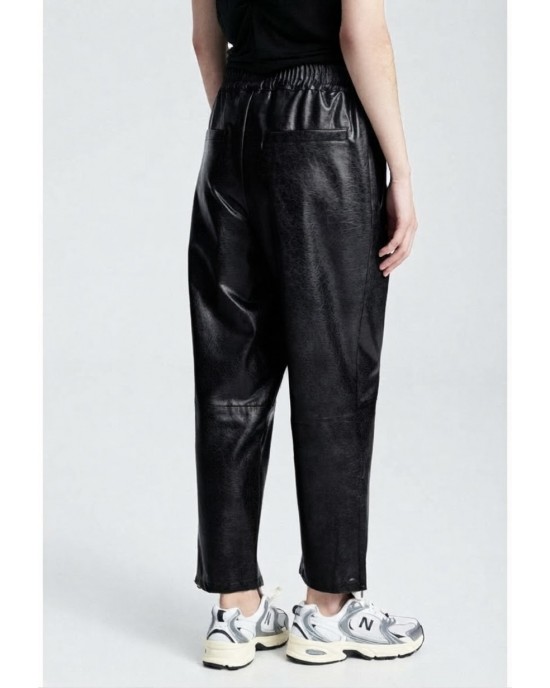 Zoya Faux Leather Elastic High Waist Slouchy Fit Black Παντελόνι