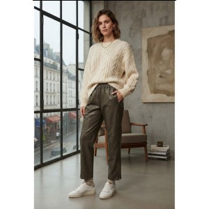 Zoya Faux Leather Elastic High Waist Slouchy Fit Khaki Παντελόνι
