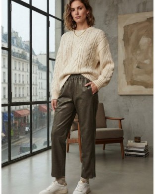 Zoya Faux Leather Elastic High Waist Slouchy Fit Khaki Παντελόνι