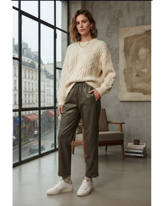 Zoya Faux Leather Elastic High Waist Slouchy Fit Khaki Παντελόνι