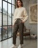 Zoya Faux Leather Elastic High Waist Slouchy Fit Khaki Παντελόνι