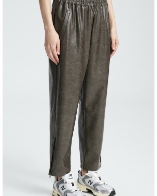 Zoya Faux Leather Elastic High Waist Slouchy Fit Khaki Παντελόνι